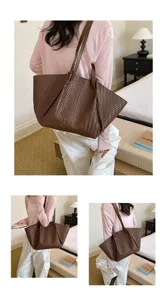 Women's brown woven leather tote bag, stylish large capacity single shoulder handbag for daily use.