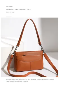 Detailed shot of the brown leather shoulder bag featuring multi-pocket design and adjustable strap.