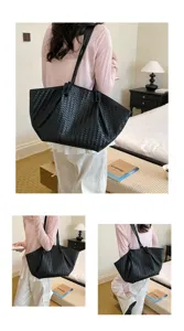 Detailed view of black woven leather tote bag lifestyle scene, large capacity shoulder bag.