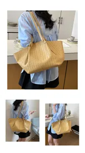 Yellow leather woven tote bag for women, large capacity stylish casual shoulder bag.