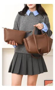 Vue détaillée d'un sac cabas en cuir PU marron et pochette assortie, élégante sacoche de travail.