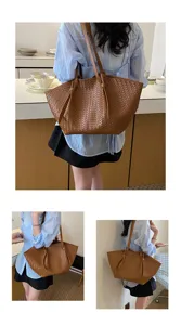 Stylish brown woven leather tote bag for women, large capacity casual daily shoulder bag.
