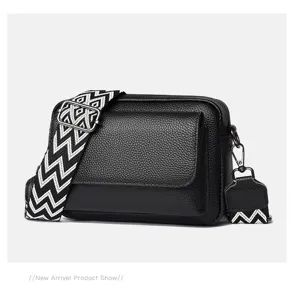 Bolso cruzado de cuero lichi negro, elegante bolso casual multicapa para mujeres.