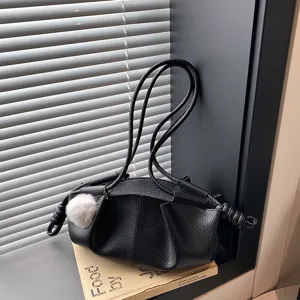 Black soft leather shoulder bag stylish dumpling handbag with dual straps for women