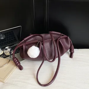 Women soft leather shoulder bag chic cloud handbag knotted handle commuter crossbody bag
