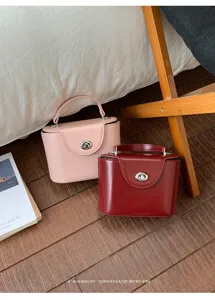 Detailed shot of structured top handle lock box handbag, elegant daily commuting style.