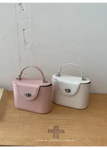 Detailed shot of two stylish structured mini box handbags in pink and white with metal locks.