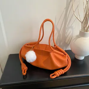 Women Soft PU Leather Shoulder Bag Cloud Handbag Casual Commuter Crossbody Bag With Plush Pendant