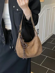 Women Vintage Faux Suede Hobo Underarm Bag Casual Solid Color Shoulder Bag Daily Commuting Handbag With Pendant
