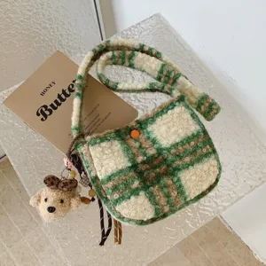 Winter vintage green plaid shearling crossbody bag for women, cute fluffy shoulder bag with small pendant.
