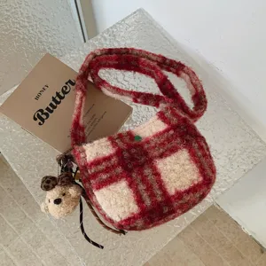 Winter retro lamb wool plaid crossbody bag for women, cozy fuzzy semi-circular shoulder handbag.