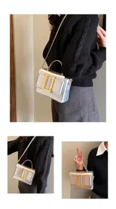 Detailed view of silver metallic shoulder bag with large gold buckle, chic daily handbag.