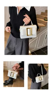 White patent leather handbag with gold square buckle for women trendy cross-body bag