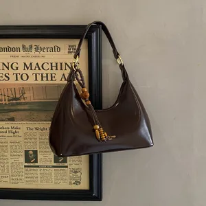 Vintage dark brown patent leather underarm hobo bag with wooden bead charm elegant shoulder bag