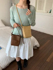 Korean style woven mini crossbody bag for women, trendy chic shoulder phone bag for daily use.