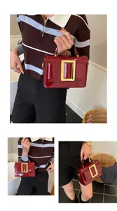 Glossy patent leather shoulder bag with bold metal buckle retro handbag for women