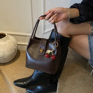 Brown bucket bag for women vintage shoulder handbag with cherry charm elegant style daily