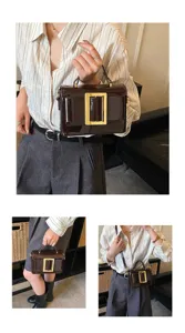 Dark brown patent leather handbag featuring an oversized gold buckle for women daily commute.