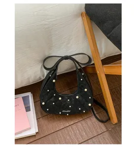 Elegant women quilted crescent shoulder bag with pearls and bow trendy luxury crossbody bag