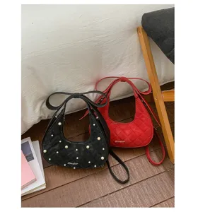 Quilted half-moon shoulder bag with pearl decor and bow strap, stylish casual handbag for women