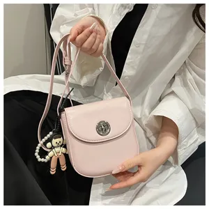 Minimalist fashion women crossbody shoulder bag pink PU leather small handbag with cute charm