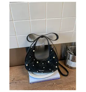 Chic women black quilted hobo handbag pearl bow design stylish elegant shoulder bag