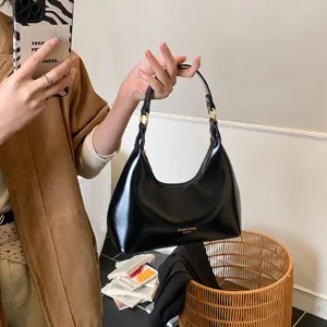 Elegant black patent leather underarm hobo bag for women, stylish minimalist handbag
