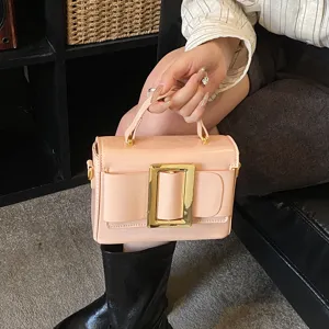 Pink patent leather handbag vintage small square shoulder bag with stylish metal buckle