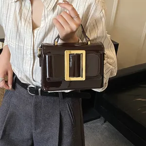Brown patent leather handbag with golden buckle chic retro shoulder bag for women