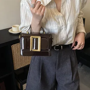 Women retro patent leather shoulder bag with large gold buckle commuter handbag stylish