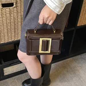 Brown patent leather handbag retro shoulder bag with gold buckle fashion commuter bag for women