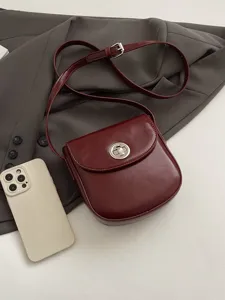 Minimalist women wine red PU leather crossbody bag, versatile daily shoulder small handbag.