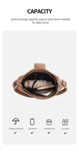 Detail view showing the large capacity interior of the stylish minimalist brown shoulder bag.