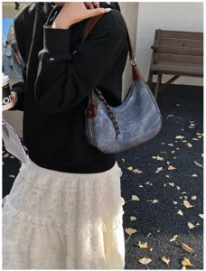 Borsa a tracolla retrò da donna, borsa a mezzaluna casual con ecopelle testurizzata.