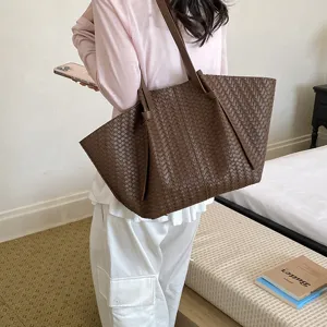 Woven shoulder tote bag for women, brown PU leather handbag, minimalist casual daily use.