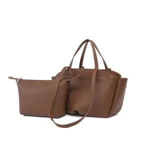 Sac cabas en cuir PU marron avec pochette assortie, grand sac a main pour travail quotidien.