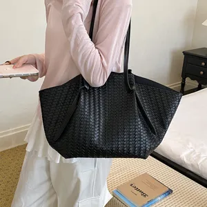 Women black woven shoulder tote bag large capacity simple fashionable daily casual design.
