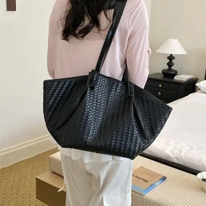 Women large capacity woven tote bag stylish black leather single shoulder handbag casual daily use