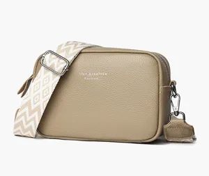 Genuine leather crossbody bag with wide strap, multi-layer design, chic daily purse for women.