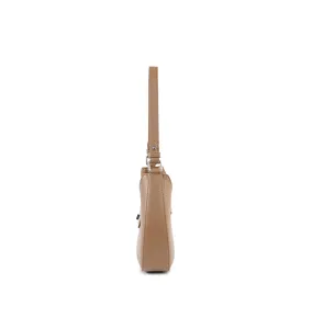 Detail view of a chic khaki crescent shoulder bag, showcasing sleek side profile design.