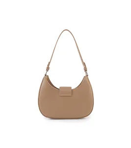 Detail shot of khaki crescent shoulder bag, minimalist underarm bag texture and hardware.