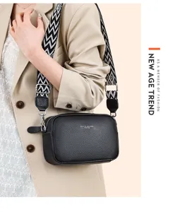 Black leather crossbody bag for women with wide patterned strap chic daily casual purse