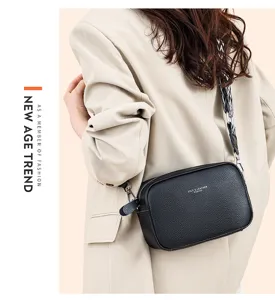 Genuine leather women's crossbody camera bag with stylish wide strap casual shoulder bag