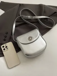 Silver metallic crossbody small bag for women, stylish phone bag and shoulder purse.