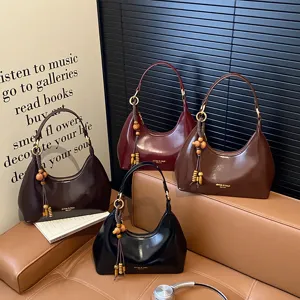 Women Retro PU Leather Underarm Bag Vintage Solid Color Zipper Shoulder Handbag With Beaded Pendant Evening Banquet Purse