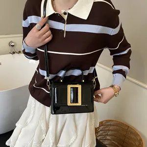 Vintage black patent leather shoulder bag with gold buckle for women fashion daily commute