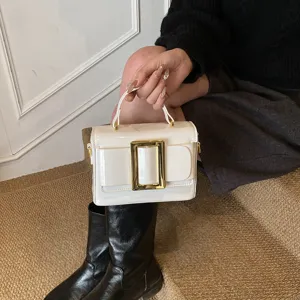 Trendy white patent leather handbag with gold buckle vintage shoulder bag for women