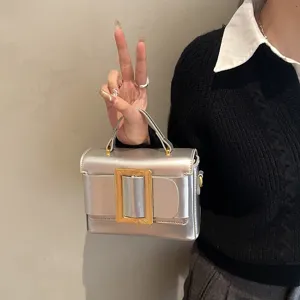 Silver metallic shoulder bag with statement gold buckle retro top handle handbag for women