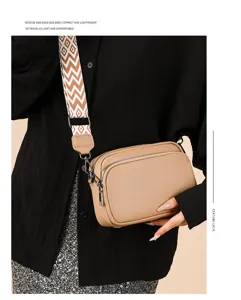 Women leather crossbody bag casual shoulder bag with wide strap chic daily accessory