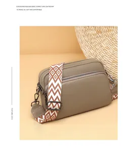 Women leather crossbody bag casual small square shoulder bag with ethnic patterned strap